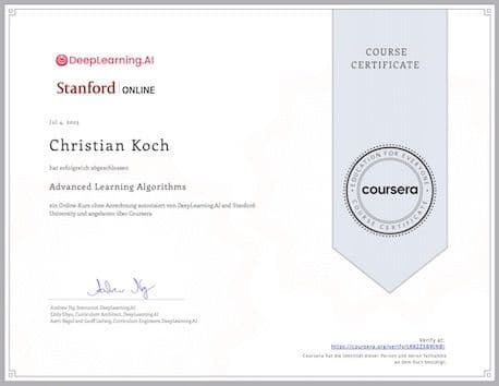 Coursera Certificate — Supervised Machine Learning, Advanced Learning Algorithms