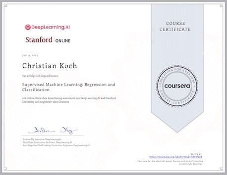 Coursera Certificate — Supervised Machine Learning, Regression and Classification